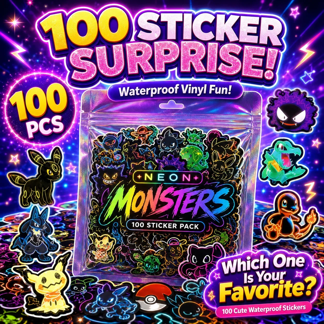 100pcs Neon  Pokémon  Stickers - đánh giá và giá Scrapbooking